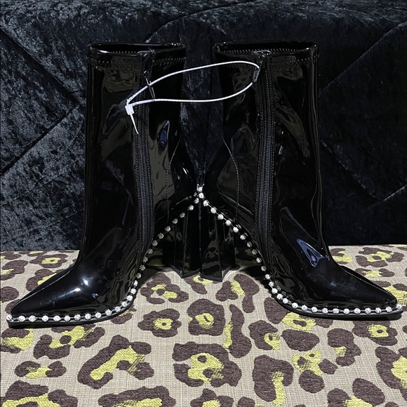 Steve Madden Black Heeled Boots with Rhinestone Trim - Picture 3 of 8